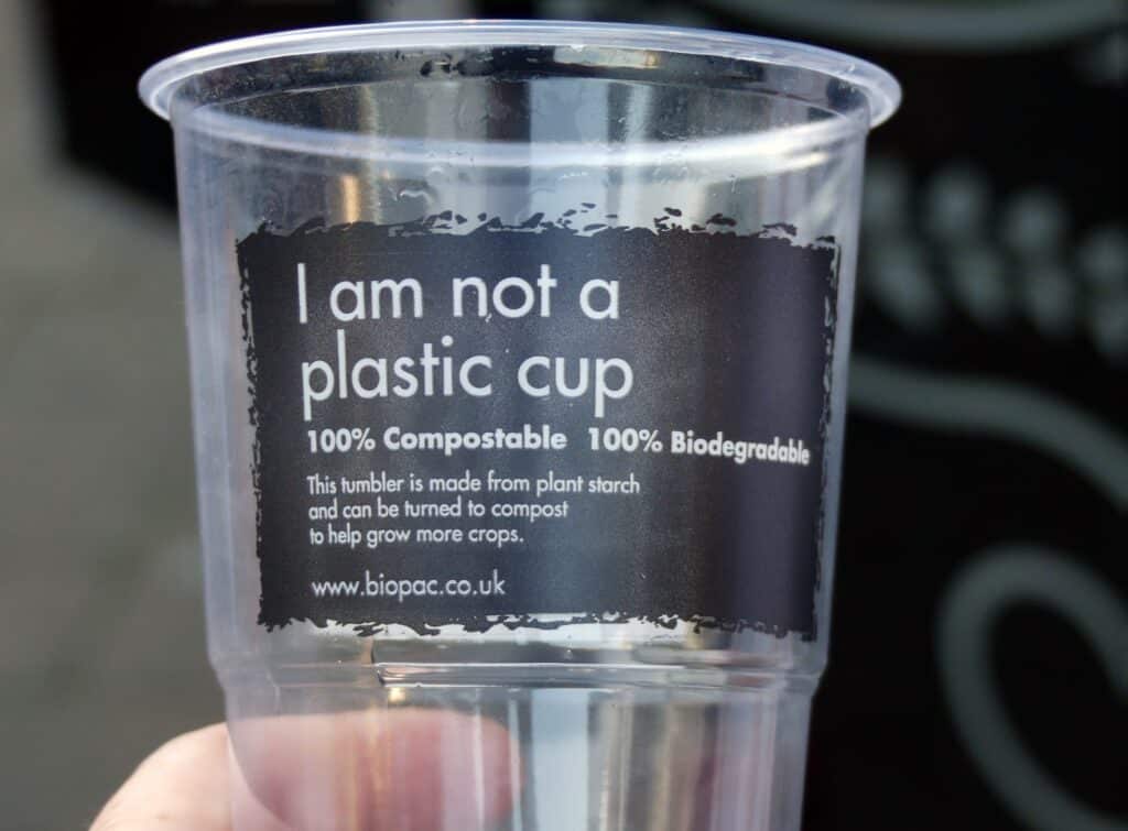 An eco friendly plastic cup, that is made form an alternative material. Relevant to plastic waste and pollution